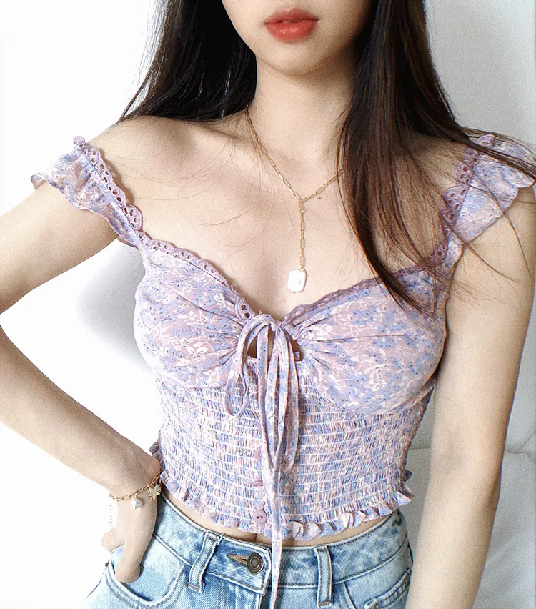 Kobiety Ruffle Straps Tie Front Floral Print Cami Top Shirred Detal Crop Top z koronki Przycinanie 220331