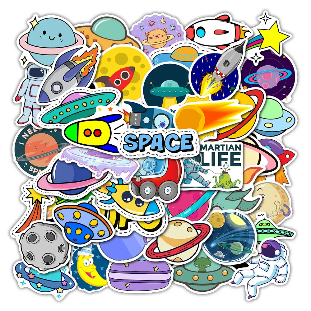 Autocollant étanche 50 pièces dessin animé univers autocollants de l'espace extra-atmosphérique Graffiti navette UFO Alien astronaute vinyle décalcomanies pour enfants ordinateur portable guitare planche à roulettes autocollants de voiture