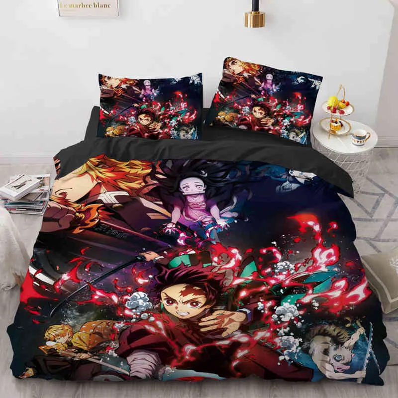 Demon Slayer Bedding Set Cartoon Anime Kamado Tanjirou Nezuko Rengoku Giyuu Duvet Cover Pillowcases Kids Comforter Bedroom Decor