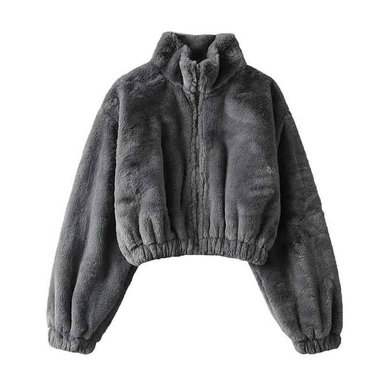 ICCLEK Korean loose imitation fur coat women's autumn and winter thickened half high collar zipper short jacket warm top T220716