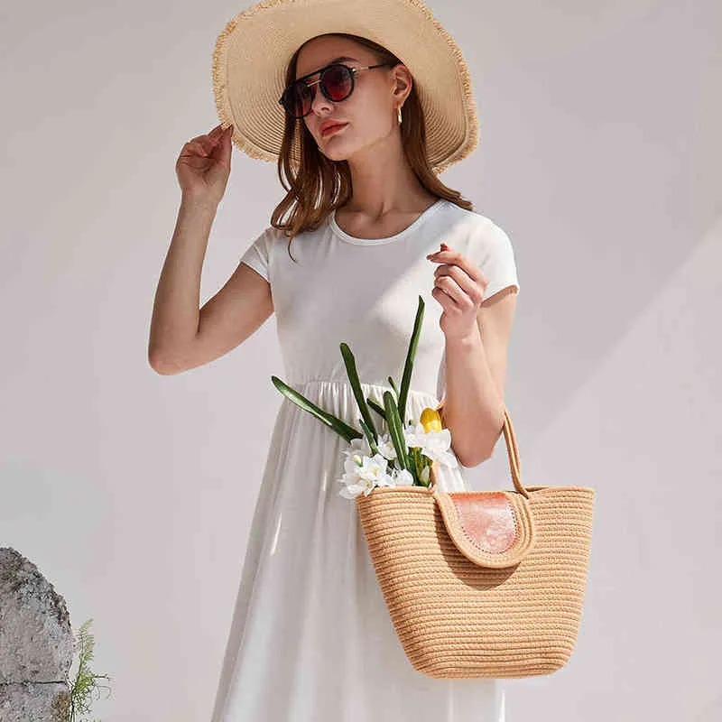 Shoppingkassar Varukorg Straw Summer Kvinnor Tote Bucket Shopper Beach Ladies Handväskor Vår Casual Fashion Kvinna Topphandtag Väska Tjejer Väskor 220318