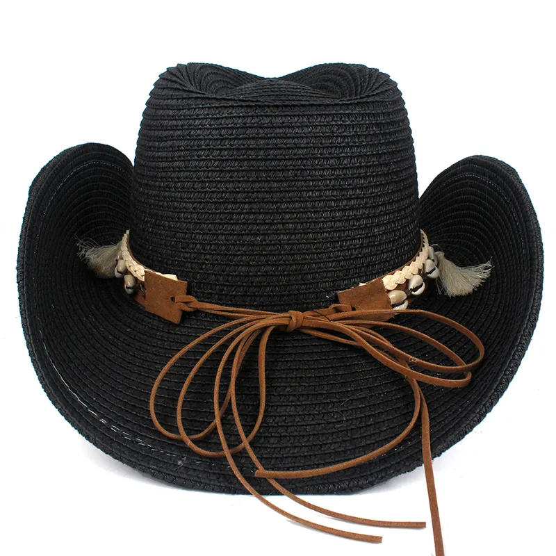Bohemia Women Oco Western Cowboy Hat Lady Beach Sombrero Hombre Palha Panama Cowgirl Jazz Sun Caps Tamanho 56 58CM 220813