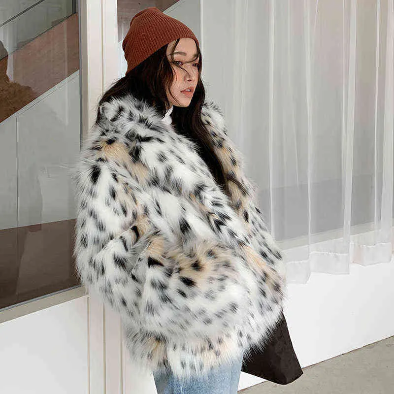 high quality 2020 WINTER women fashion Lynx pattern faux fur coats Korean elegant notched collar fake fur outerwear A64 T220716