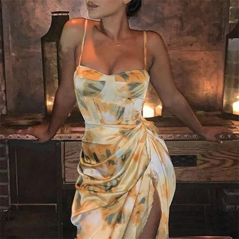 مثير السباغيتي حزام بلا أكمام طباعة Sundress نساء الصيف غير منتظم الشاطئ الشاطئ العالي الشاطئ ميدي فستان ضئيلة أنيقة الحزب نادي الفساتين 220506