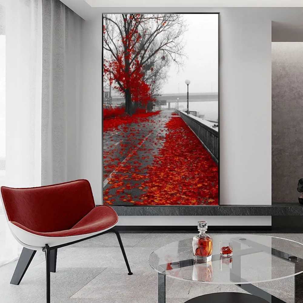 Peinture de rue avec feuilles d'érable rouge, toile imprimée, tableau d'art mural pour salon, décoration murale sans cadre