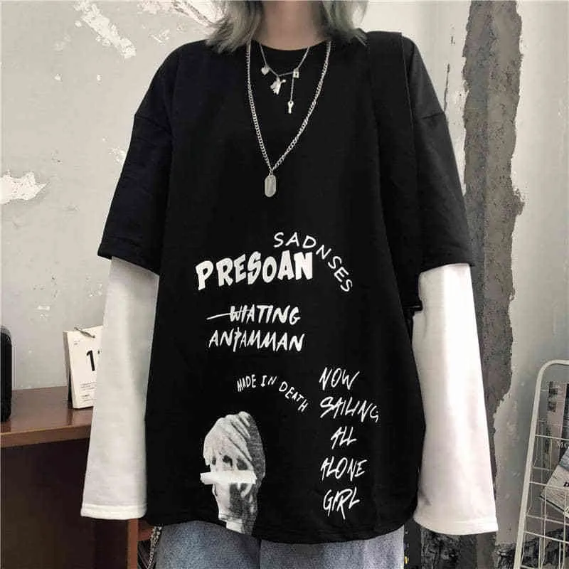 Nicemix Black Letter Print T-shirt Losse Punk T-shirts Womens Herfst High Street T-shirts Grappige Lange Mouw Streetwear Gir 220321