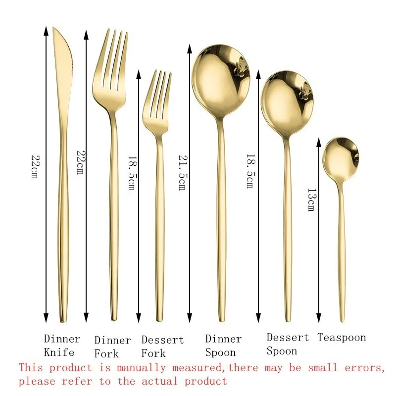 Set di posate dorate Cucchiai dorati Forchette Coltelli Set Coltello in acciaio inossidabile Forchetta Cucchiaio da caffè Bacchette Specchio Set di stoviglie 220307