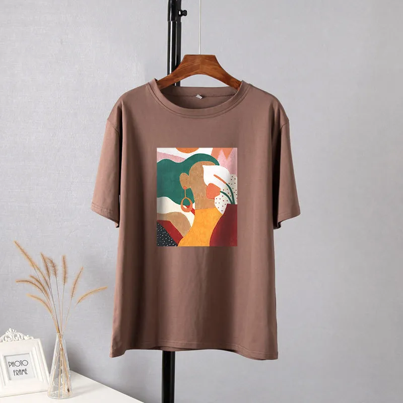 Hirsionsan Aesthetic Printed T Shirt Soft Vintage Loose Tees Abstract Graphic Cotton Tshirts Summer Casual Tops 220326