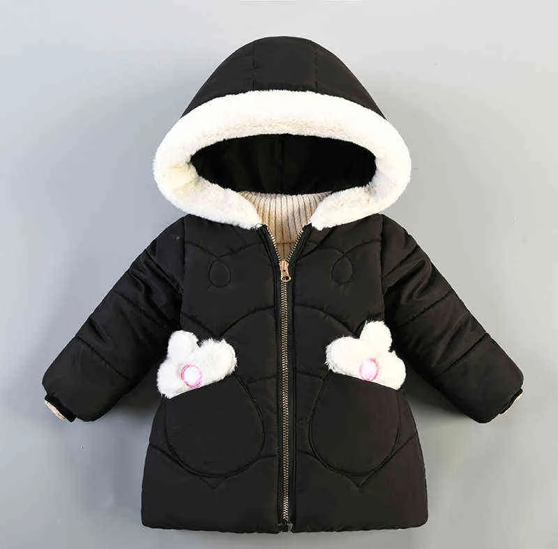 1-4 Years Old Cute Winter WarmToddler Baby Girls Jacket Cute Fur Collar Lining Plus Fleece Heavy Hooded Outerwear For Kids J220718