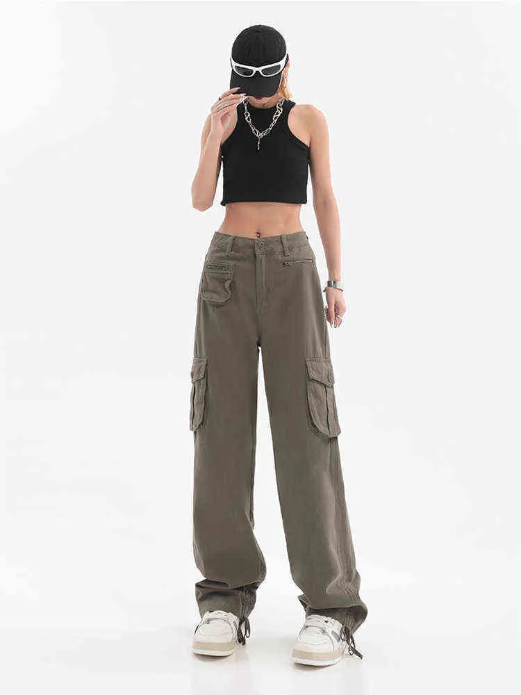 American High Street Hip-Hop Green Garms Womens Summer Design Sense Straight Wide-Leg Disual Neutral Pants Trendy T220728