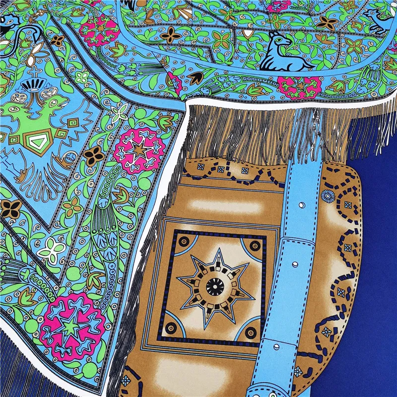 Manual Hand Rolled Twill Silk Scarf Women Colorful Saddle Print Square Scarves Echarpes Foulards Femme Wraps Bandana Hijab 90CM 90246r