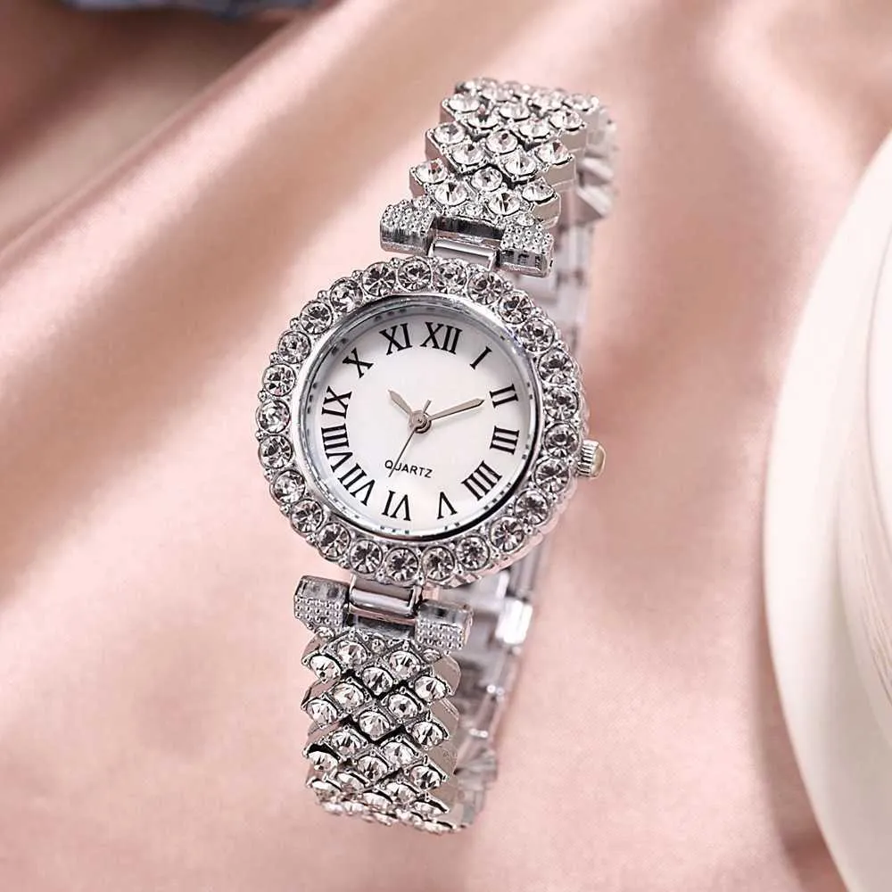 Orologio da polso in oro rosa con motivo romano, orologio da donna al quarzo con diamanti, elegante orologio da polso femminile, set da 2 pezzi