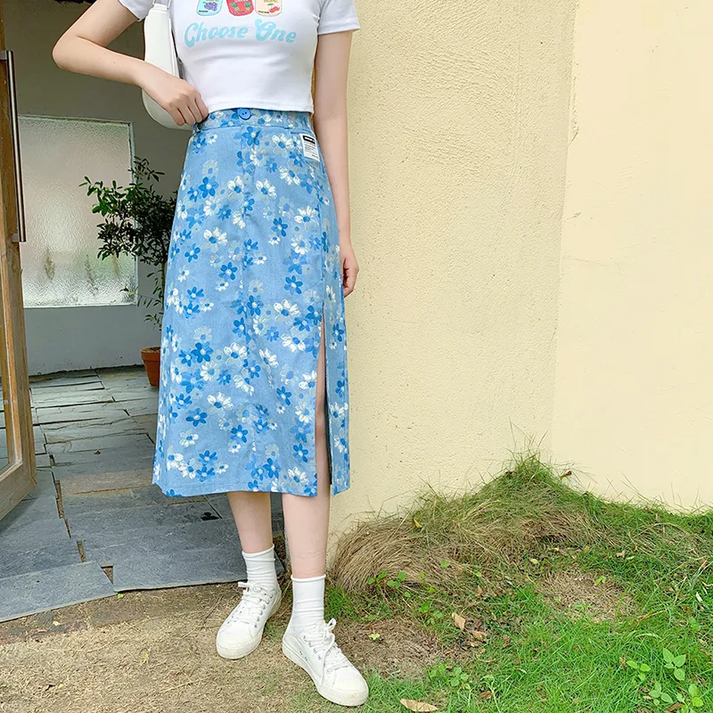 Wielka rozmiar dzielone dżinsowe spódnice letnie wydrukowane kwiecistą niebieskie spódnice Elastyczne talia retro streetwear swobodny dżinsowy spódnice 220523