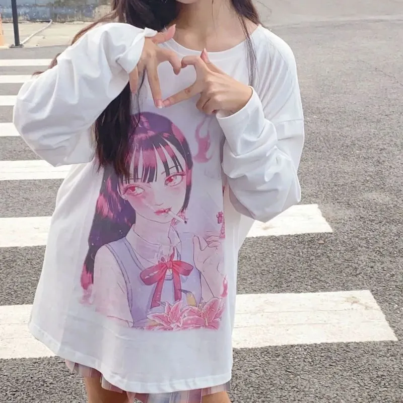 Womwn T-shirt Long Sleeve Female Soft Girl Japanese Cute Anime Print Autumn Loose Student Top Streetwear 220321