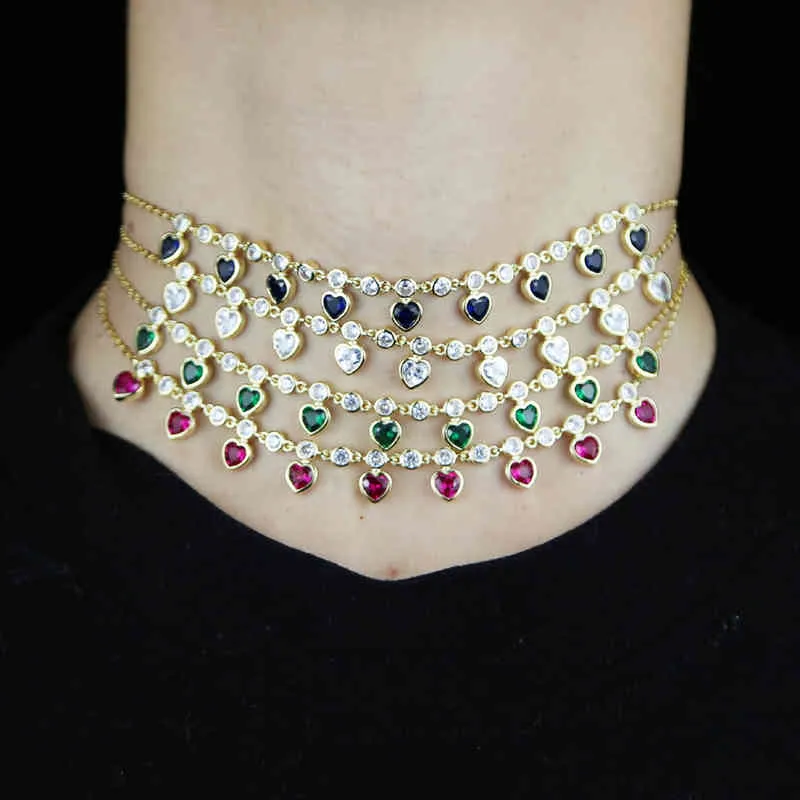 2021 Valentijnsdag Gift Luxe 5mm Hart Choker Ketting Pave Rood Groen Blauw Wit Kristal Sieraden voor Dames Mooie Brincos