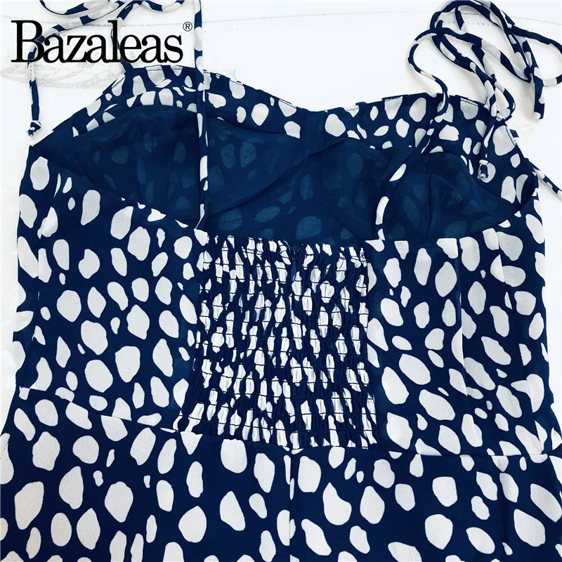 Bazaleas Elegant aanpassen Spaghetti BANKS REVIDO BLAUWE LEOPARD Print vrouwen Midi Dress Vintage Elastische buste zijde Split 220611