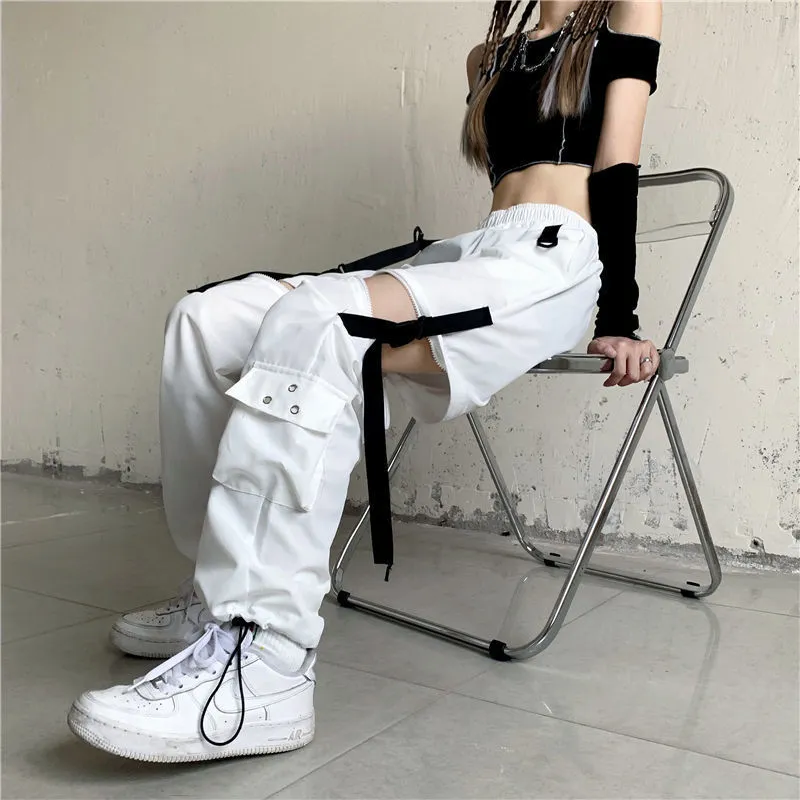 Houzhou White StreetWear Cargo Pant Y2K Harajuku Loose Patchwortk High Waist Byxor Casual Removable Techwear Korean 220325