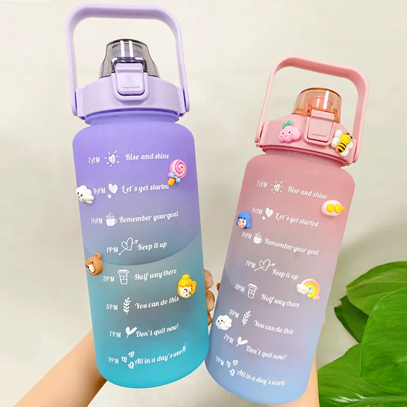 2L Large Capacity Water Bottle With Bounce Cover Time Scale Reminder Frosted Cup Cute Stickers For Outdoor Sports Fitness 220809