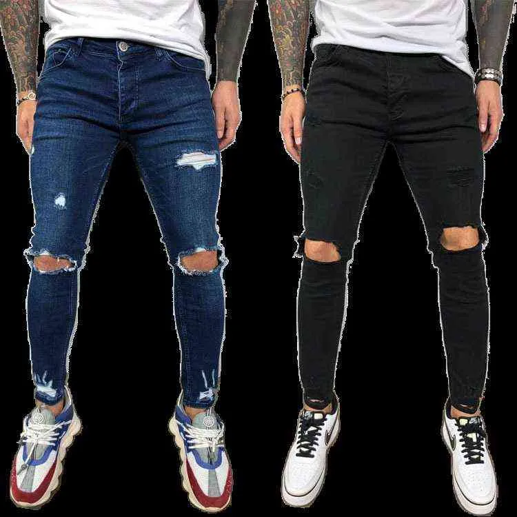 Men's Jeans Black Blue Skinny Knee Ripped Pencil Pants 2021Slim Elastic Denim Pants Solid Color High Street Style Trousers Man's G0104