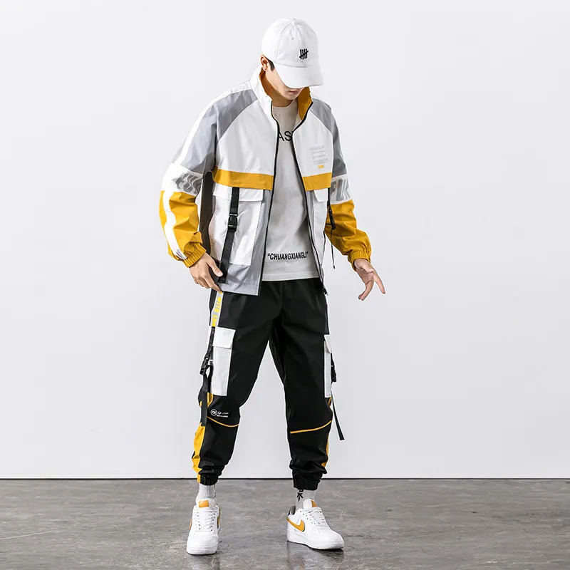 Hip Hop Workwear veste survêtement veste pantalon ensembles baseball lâche fermeture éclair rubans manteau pantalons longs vêtements pour hommes 220810