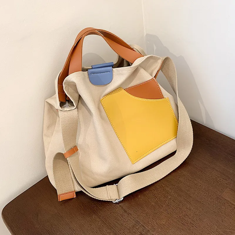 Kontrastfarbe große Kapazität Canvas Einkaufstasche für Frauen Casual Leder Patchwork Handtasche weibliche Baumwolltuch Einkaufstasche CX220325