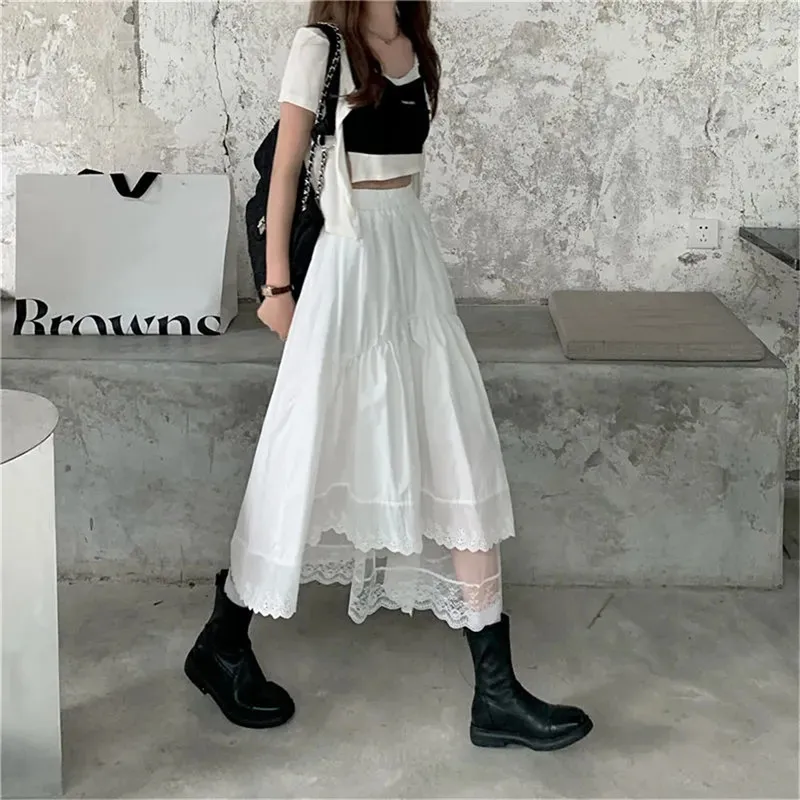 Black Gothic Lace Stitching Irregular Pleated Skirt Women White Vintage High Waist Long Korean Solid Hip Hop Streetwear 220401