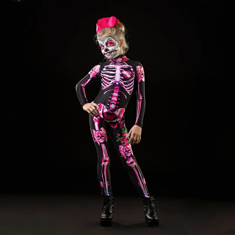 Vuxna barn halloween skelett cosplay jumpsuit rosa rose kvinna sexig skalle skrämmande kostym flickor 3d tryck bodysuit mor dotter 220817