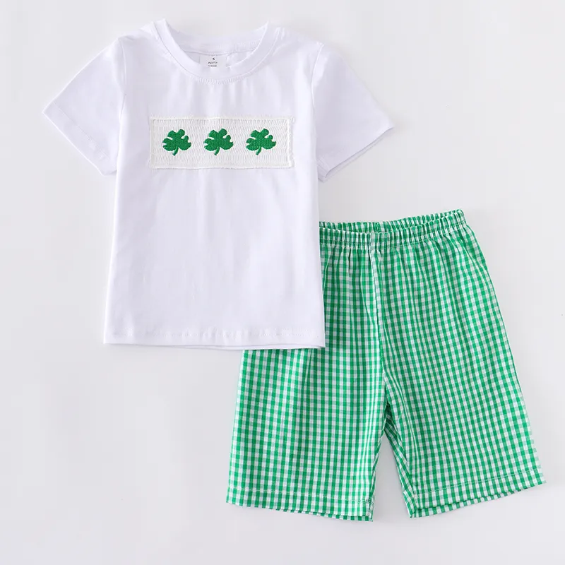 GIRLYMAX ST PATRICKS DAY SIBLING PLAID CLOVER BABHIGHARDドレスボーイズショーツセットトップフリルロンパースモック織りのキッズ服220531