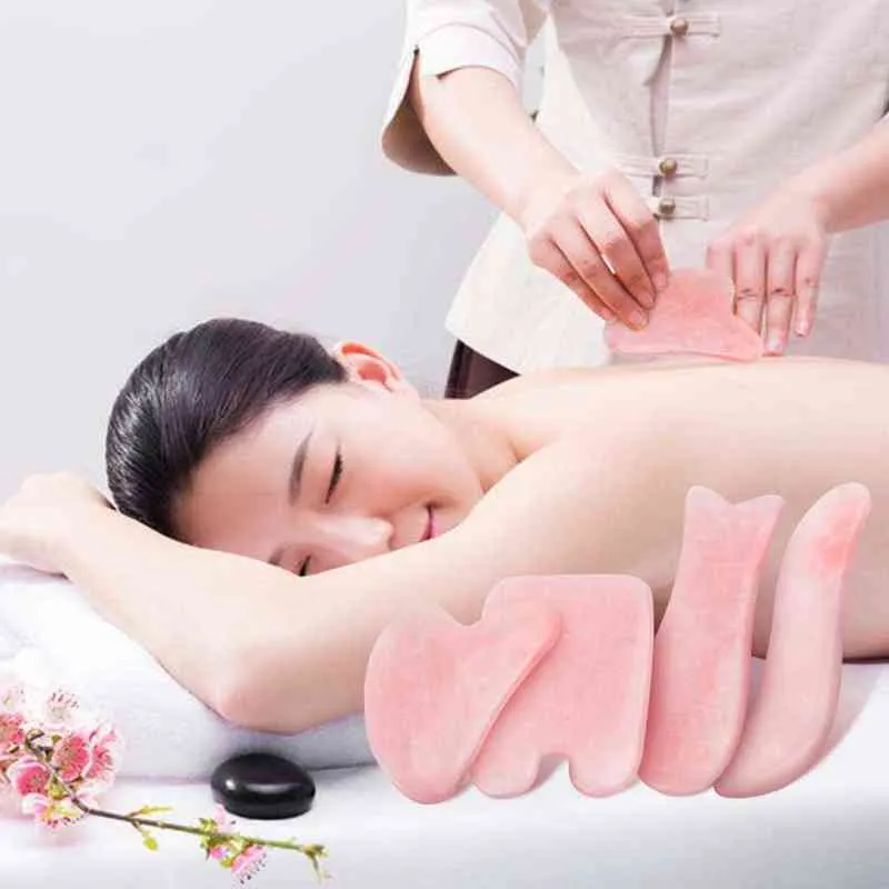 4 em 1 jade gua sha raspando ferramenta de massagem conjunto natural rosa rosa quartzo placa sha pedra facial para o corpo no pescoço face traseiro 220512