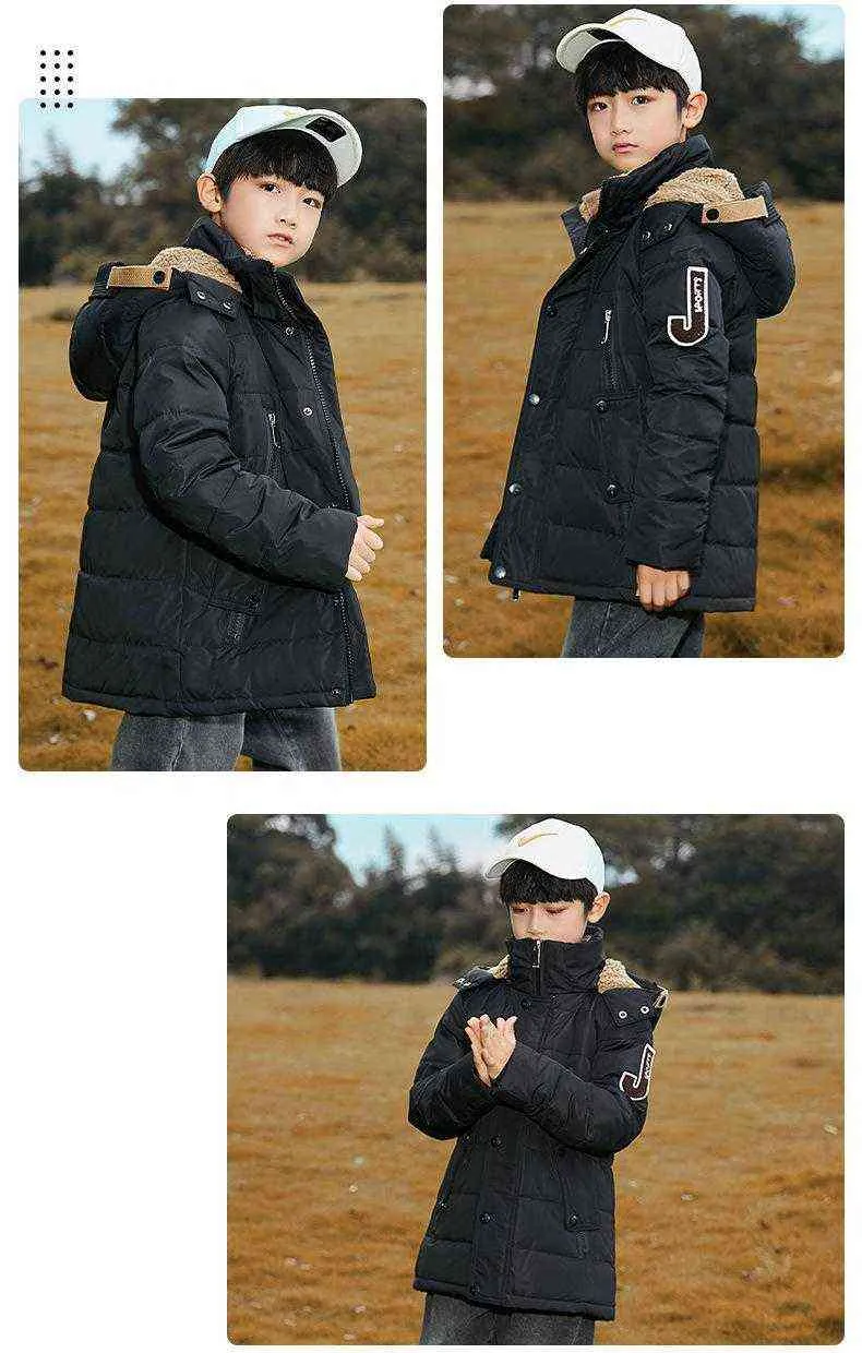 소년 뉴 미드 길이의 두꺼진면 재킷 분리 가능한 양털 안감 캡 어린이 패딩 외부 겉옷 솔리드 야외 따뜻한 코트 J220718