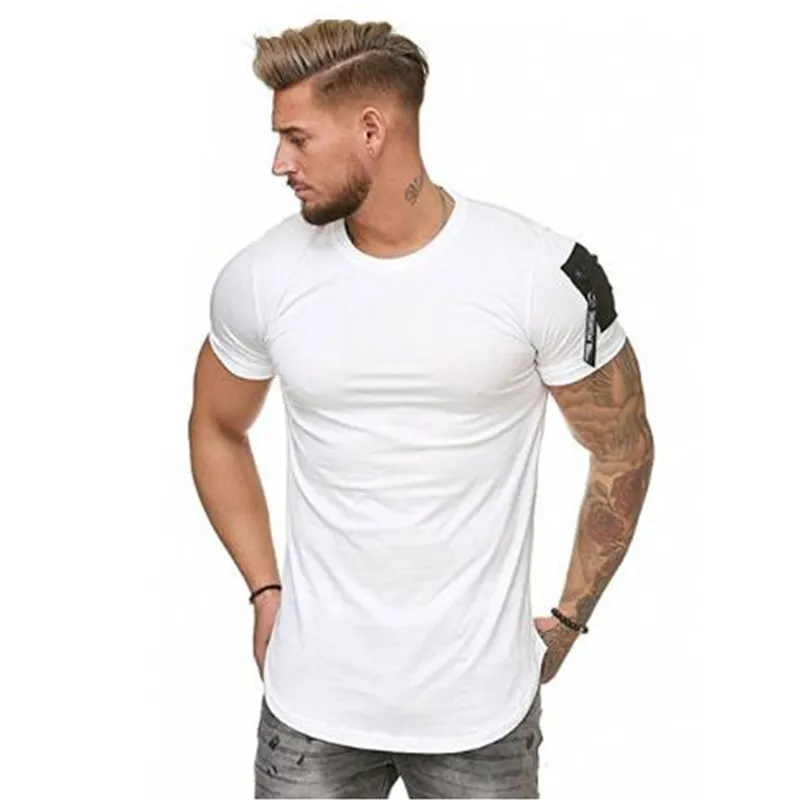 Short Sleeve Zipper Shoulder Streetwear Hip Hop Summer T Shirt Men Longline Curved Hem Tshirt Slim Funny TShirt Plus Size M3XL 220607