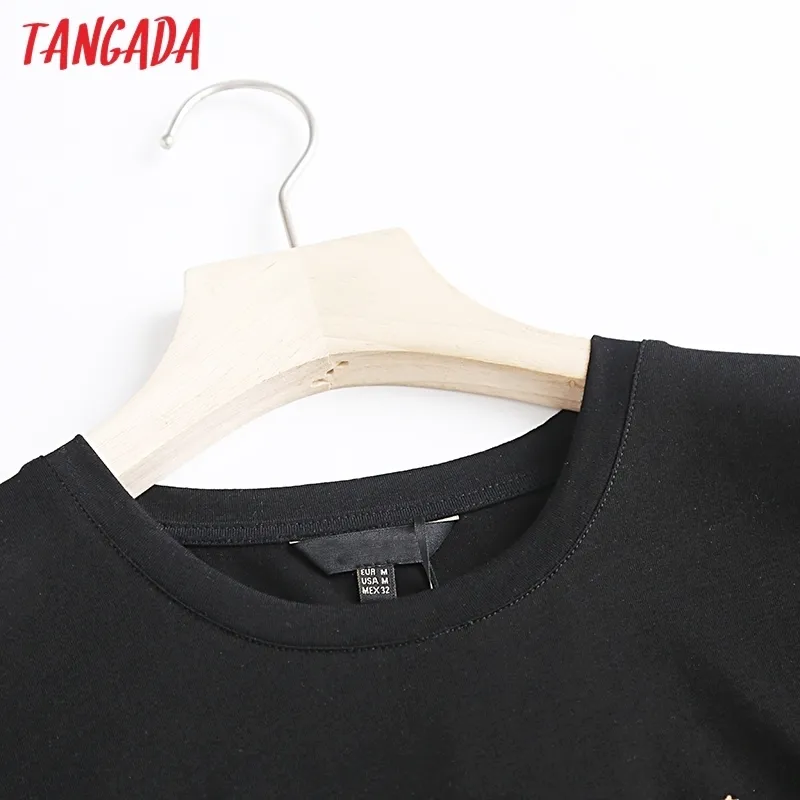 Tangada Damen-T-Shirt aus Baumwolle mit schwarzem Buchstaben und goldenem Aufdruck, kurzärmelig, T-Shirt für Damen, lässiges T-Shirt, Street Wear Top 6D04 220402