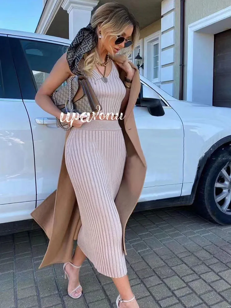 Kvinnors 2 -stycken Set Pullover Tank Top High midja mager lång kjol Casual Knit Set Summer 2022 Female Streetwear CX220518