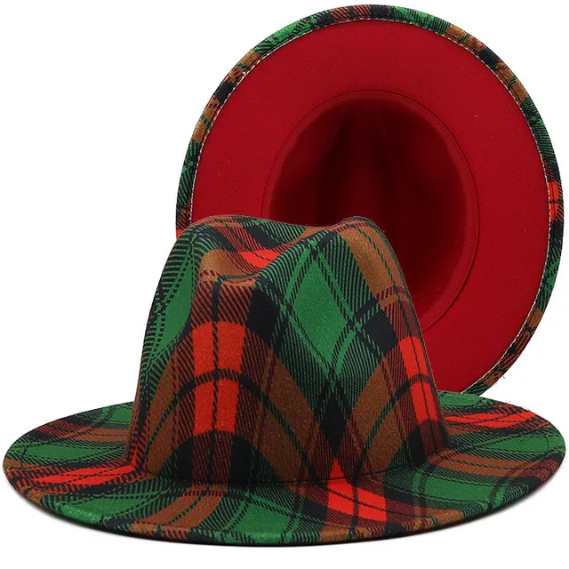 新しい格子縞のプリントジャズフェドーラ帽子レッド魅力者トップキャップワイドブリムエレガント教会ウェディングハットソムブレロスデミュージャー6493583
