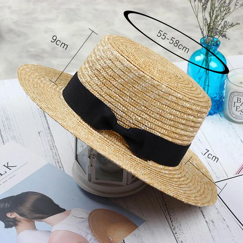 Summer Damskie Boater Beach Wide Side Femal Panama Lady Classic Flat Bowknot Straw Sun Hat Women Fe 220629