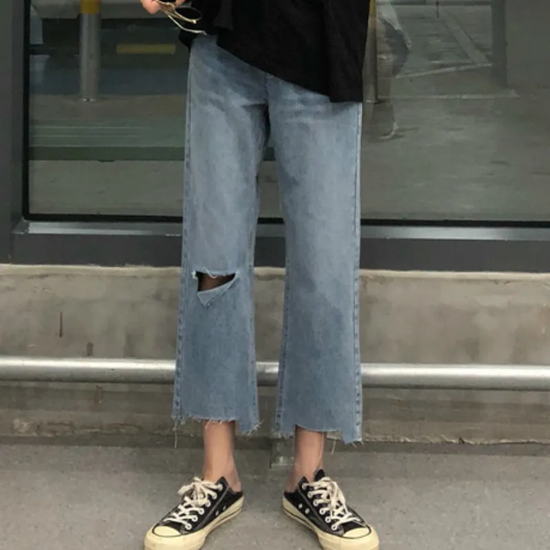 Jeans femmes trou poches fermeture éclair irrégulière cheville longueur lâche droite Denim taille haute Style coréen Chic femmes Streetwear quotidien 220815