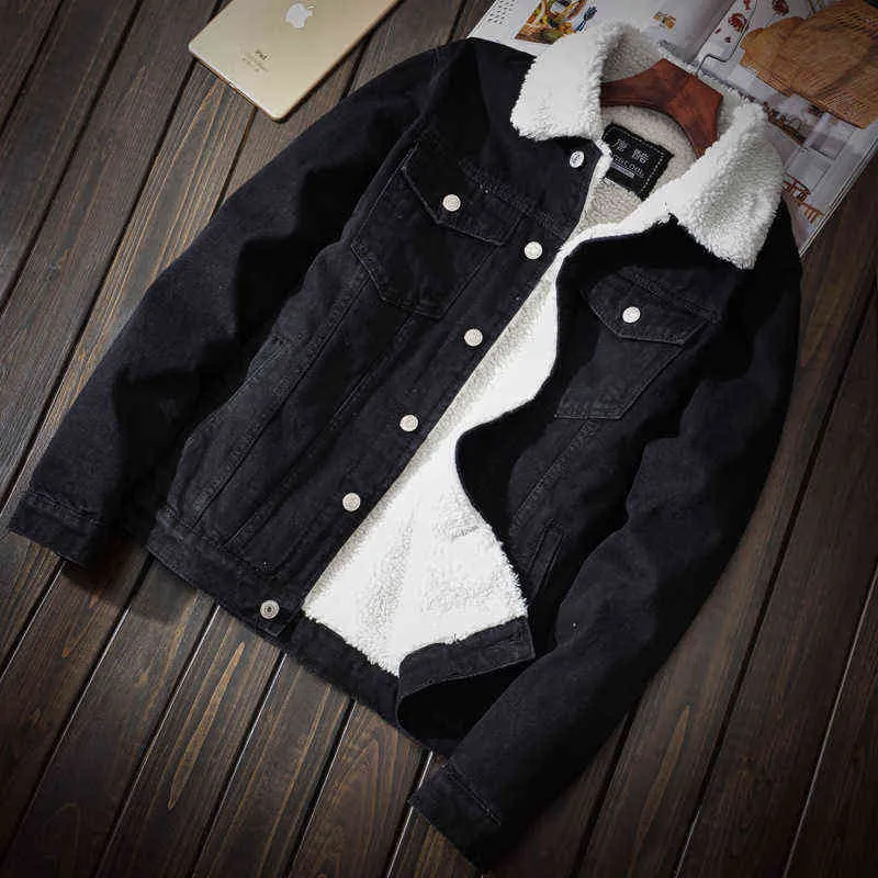 남자 블랙 데님 재킷 양털 진 재킷 겨울 따뜻한 데님 코트 새로운 남성 대형 캐주얼 겨울 자켓 크기 xs-6xl l220718