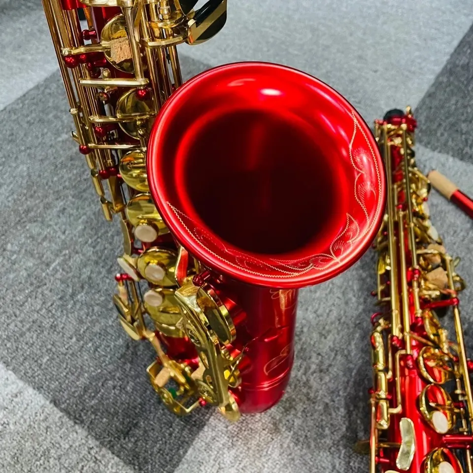 Brandneues rotes Eb-Profi-Altsaxophon-Röhrengehäuse mit geschnitzter Schale und vergoldeten Tasten. Es-Altsaxophon-Spielinstrument