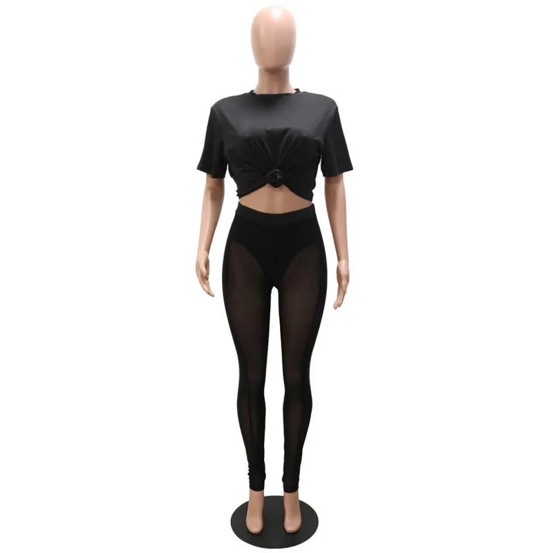 2 штуки, установленные женщинами, соответствующие наборы сексуальные брюки черные прозрачные топы урожая длинные брюки модные вечерние клубы набор 220511