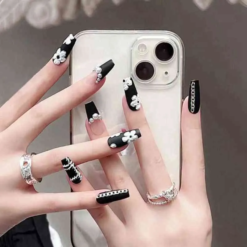 False Nails Black French Floral Pearl Art Butterfly Wearable Ballerina Fake Full Cover Tips Press on 0616