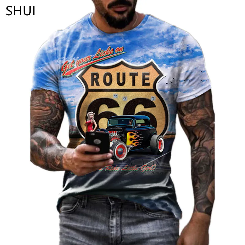 Summer Mens Retro Tshirts US Route 66 Letter Print Kort ärm överdimensionerade lösa klädbesättningar Hals Topp Streetwear 6xl 220521