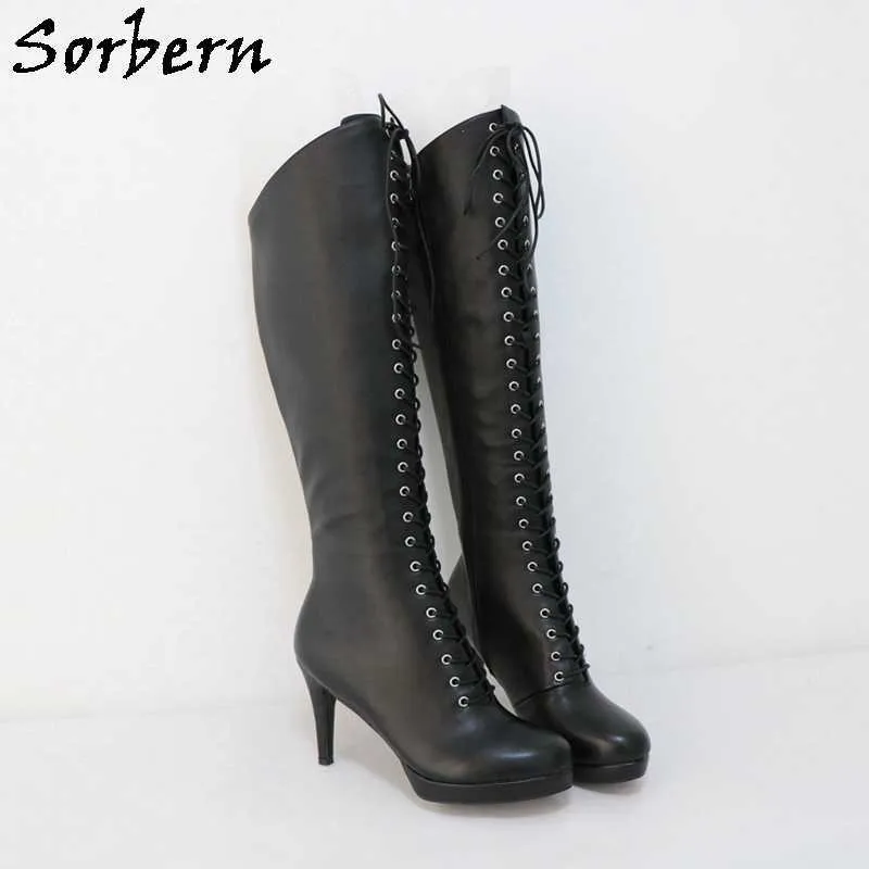 Botas Sorbern Matt hasta la rodilla, tacones de aguja para mujer, botas rizadas con cordones, botas de baile para travestis Sissy, botas de baile personalizadas de corte ancho