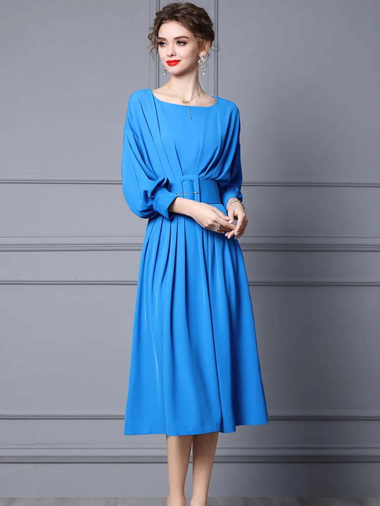 Runway Fashion Summer Midi Dress Women Elegant Lantern Sleeve Solid Casual Party Vestidos Hoge taille Aline gewaden met riem