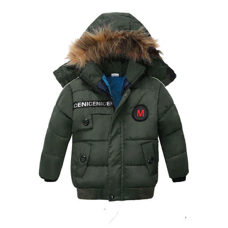 2021 Nouveau style hiver garçons veste épaisse chaude doublure en peluche col de fourrure capuche vêtements d'extérieur pour enfants enfants coupe-vent lourd veste J220718