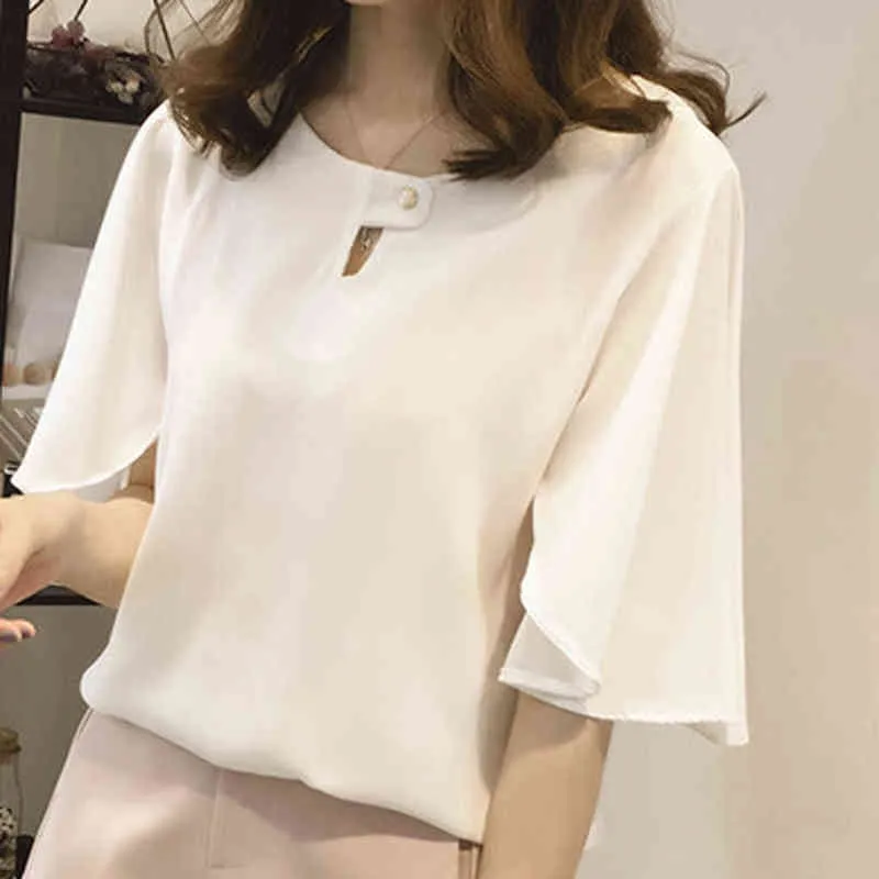Kobiety szyfonowa koszulka bluzki krótko rękawo stały kolor swobodny w size w zakresie pracy w biurze bluzki o eleganckie koreańskie marszczenia top L220705