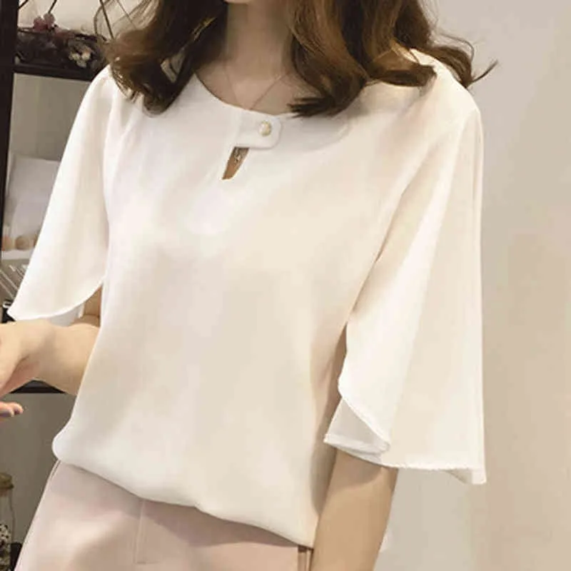 Women Chiffon Blouse Shirt Short-sleeve Solid Color Casual Plus Size Work Office Blouse O Neck Elegant Korean Ruffles Top L220705