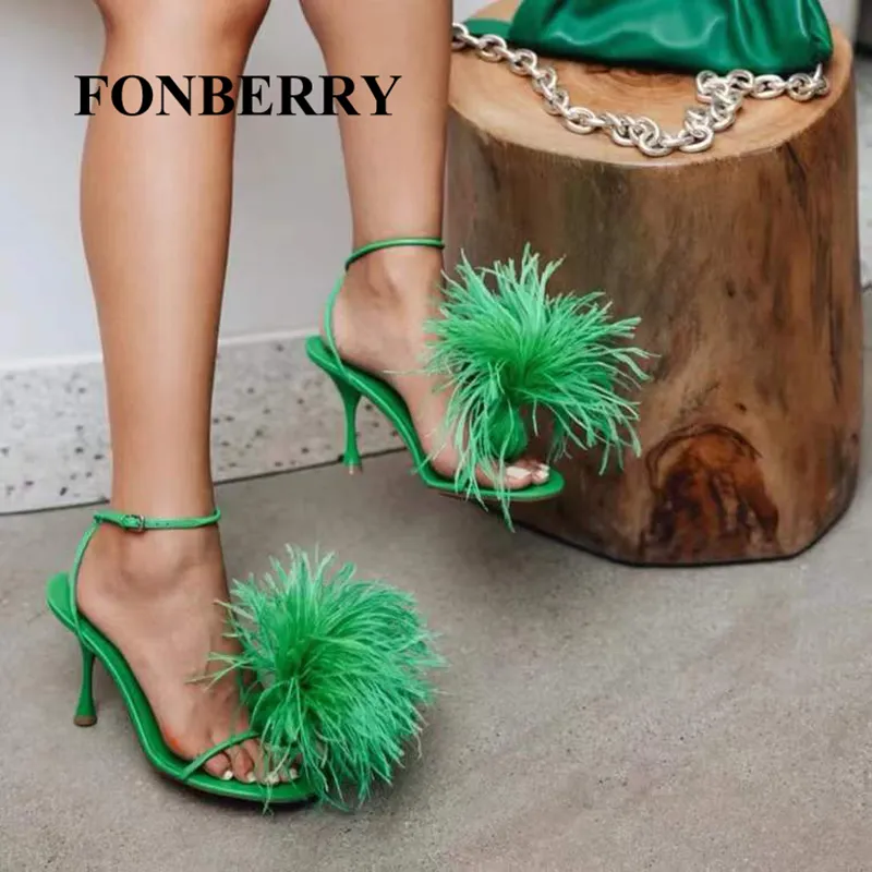 Fonberry 41 размер размер страуса с пера высокие каблуки сандалии женщин летние дизайнерские дамские стриптизерши для шлепанцы шлепанцы 220720