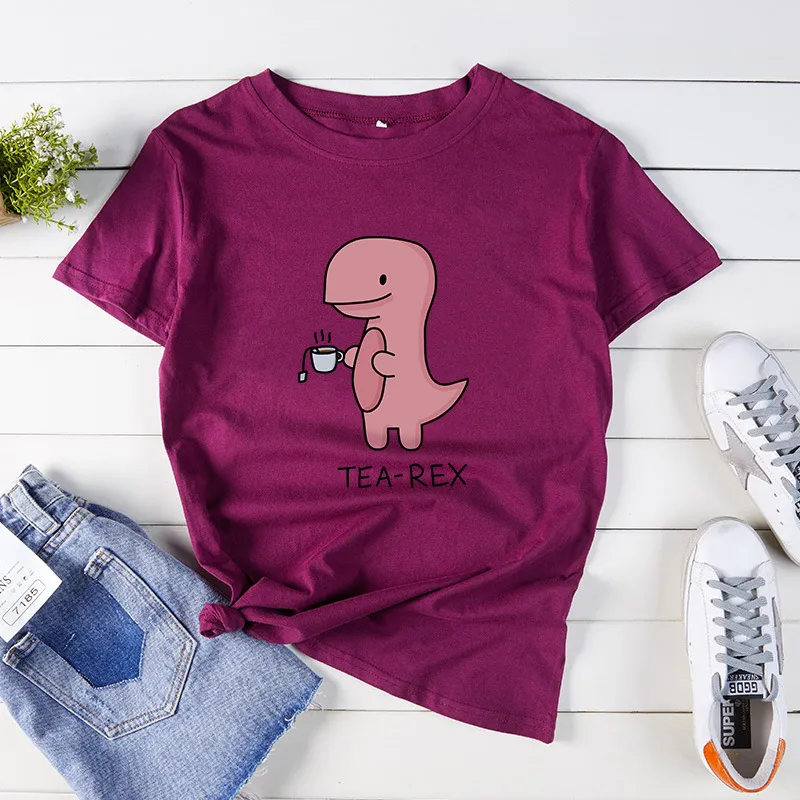 JCGO Women T Shirty Summer Cotton Graphic Cartoon Dinosaur Streetwear Print Krótkie rękawe O Neck Casualne żeńskie koszulki TOPS TEES 220514