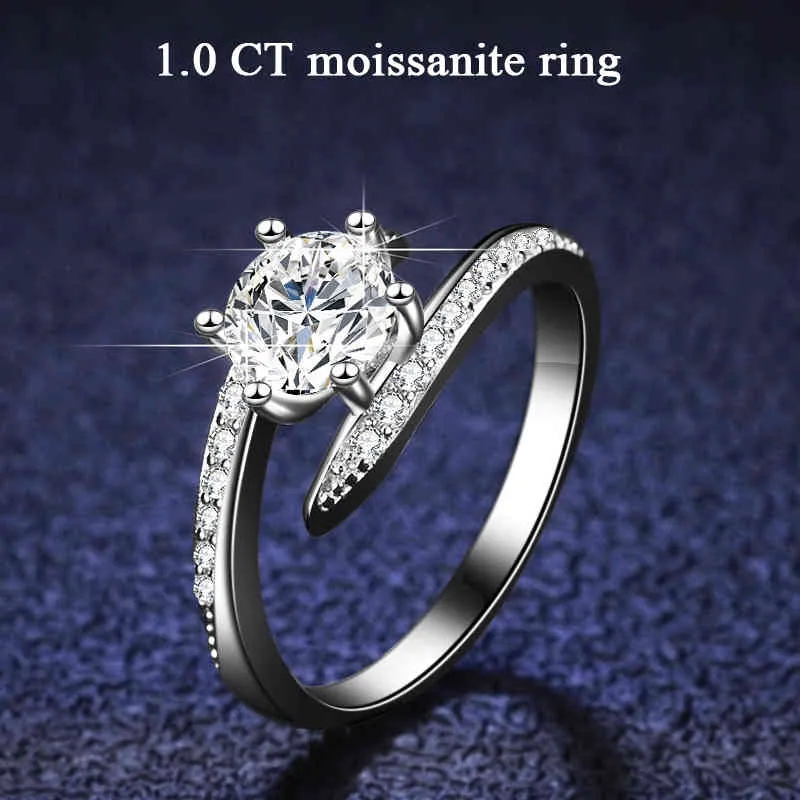 100% Real Moissanite Bridal Ring Round Brilliant Diamond 6 Prong Bent Nail Engagement Ringar för Kvinnor Sterling Silver Smycken