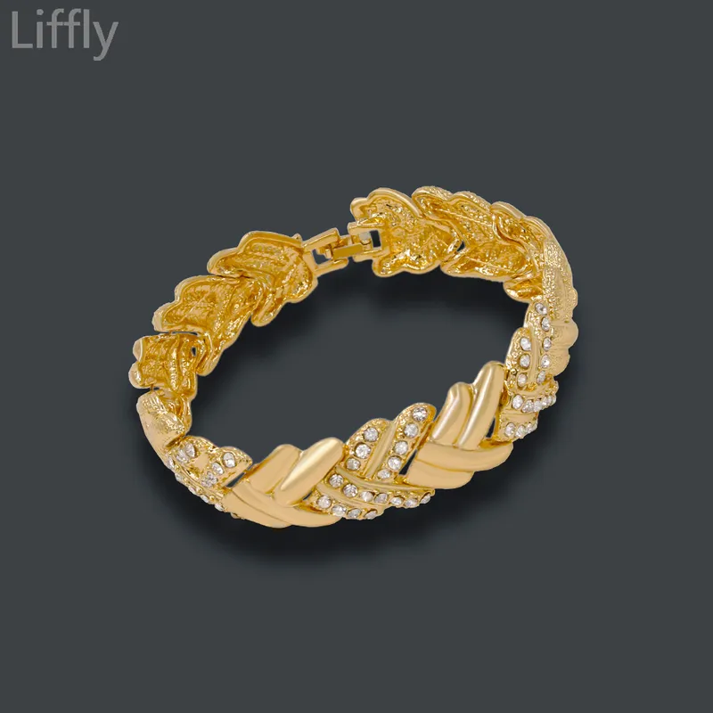 Liffly Bridal Dubai Parure di gioielli in oro Bracciale con collana di cristallo Nigerian Wedding Party Women Fashion Set 220812